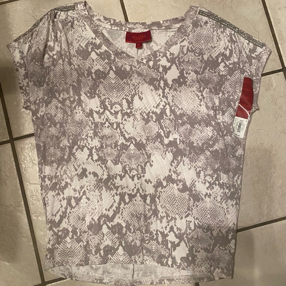 Jennifer Lopez Sleeveless Snake Skin Top Embellished With Rhinestones White/Gray